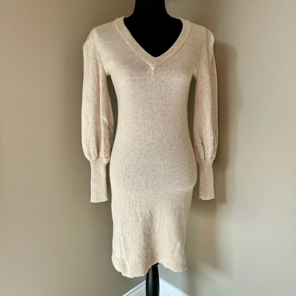 Madewell merino wool blend bubble sleeve V-neck sweater dress XS Heather Fog